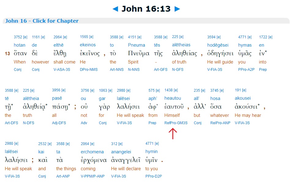 John 16-13 Interlinear heautou himself Holy Spirit